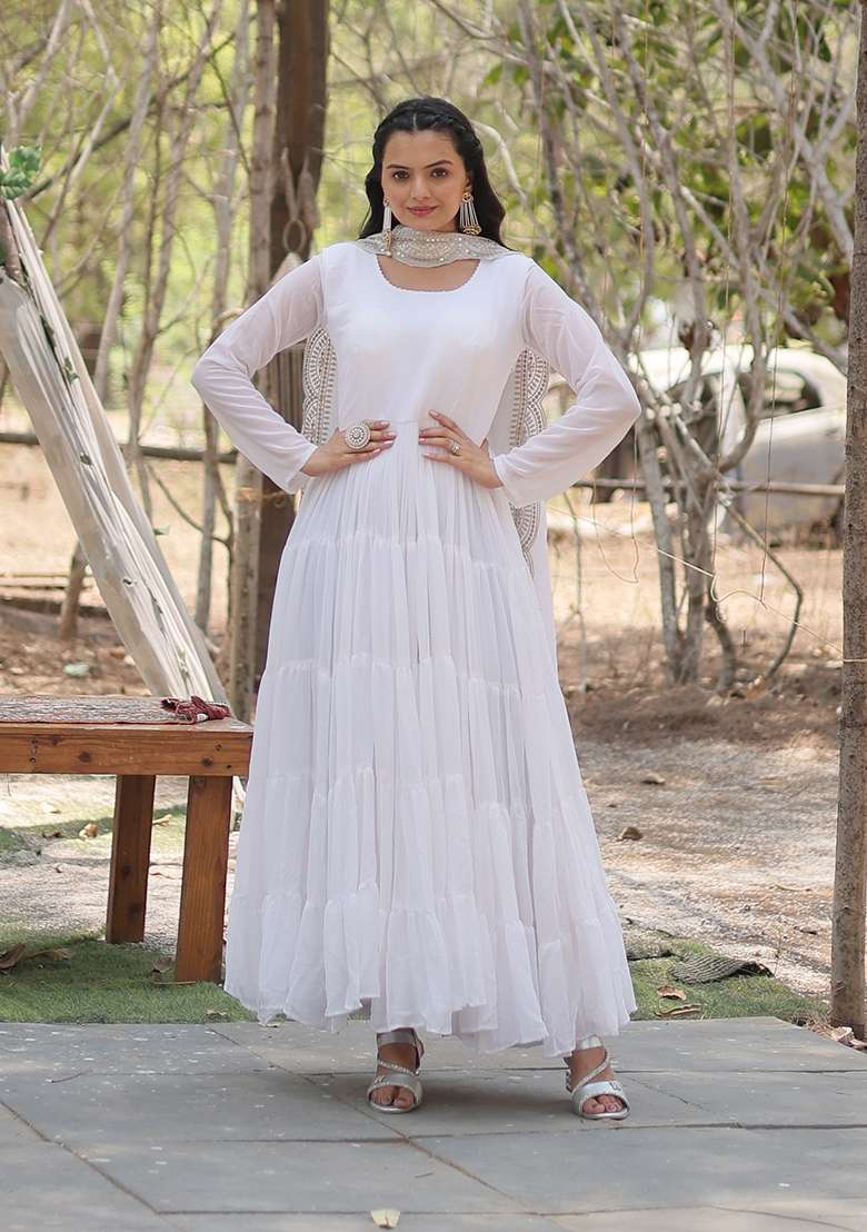 White Sequin Work Georgette Anarkali With Dupatta - Indya
