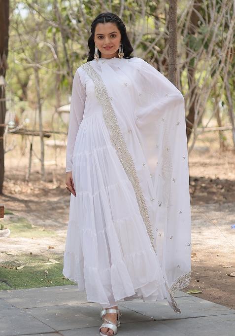 White Sequin Work Georgette Anarkali With Dupatta