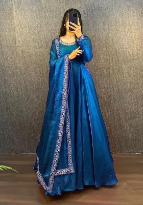 Blue Embroidered Silk Anarkali With Dupatta