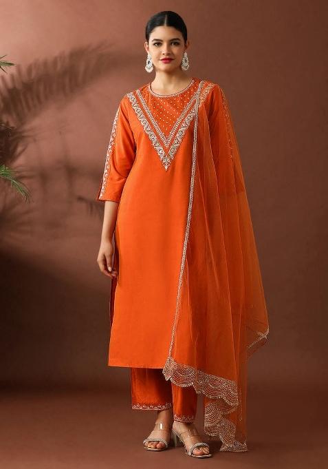 Orange Embroidered Roman Kurta Set