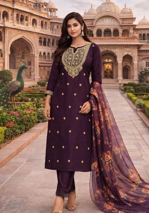 Purple Embroidered Viscose Kurta Set