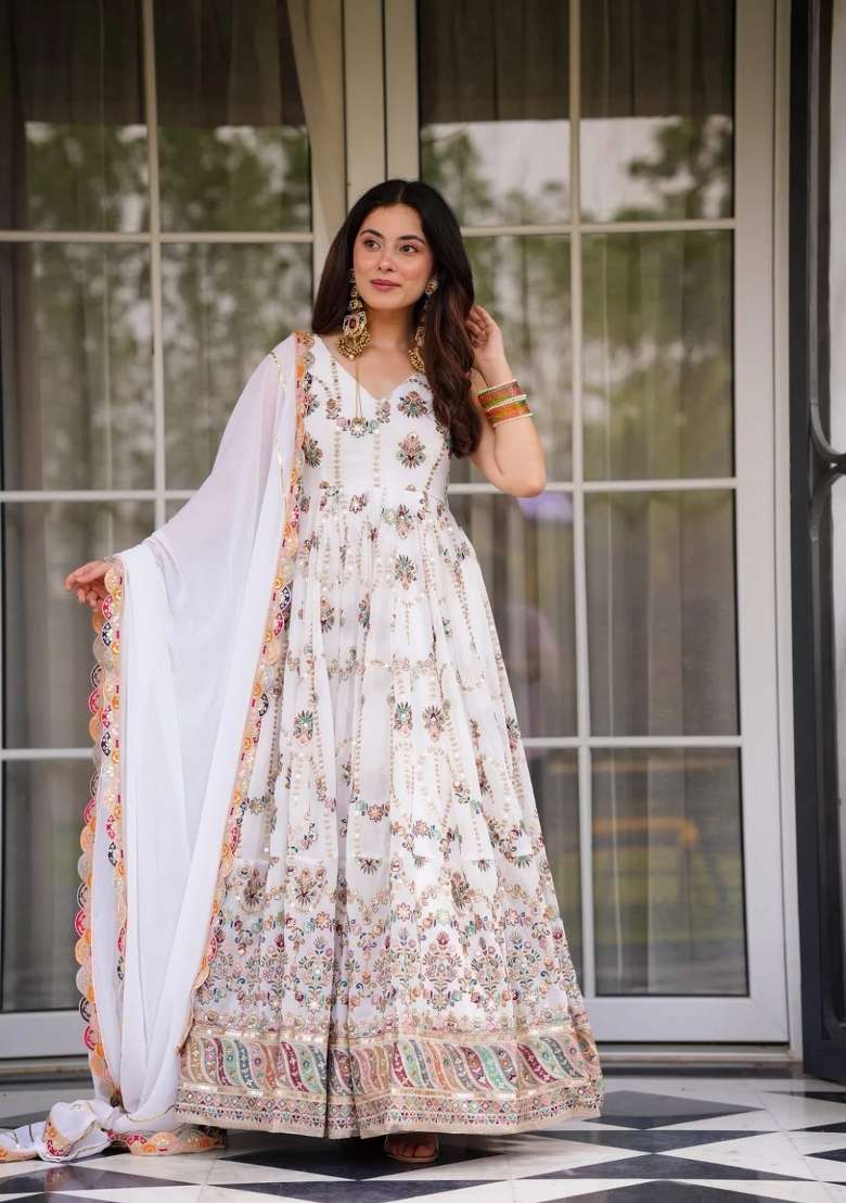 White Embroidered Georgette Anarkali With Dupatta - Indya