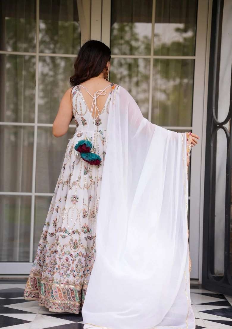 White Embroidered Georgette Anarkali With Dupatta - Indya