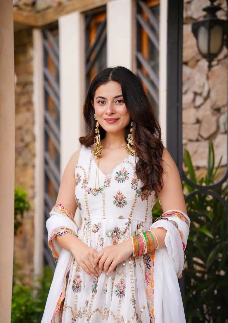 White Embroidered Georgette Anarkali With Dupatta - Indya