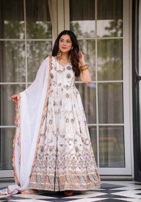 White Embroidered Georgette Anarkali With Dupatta