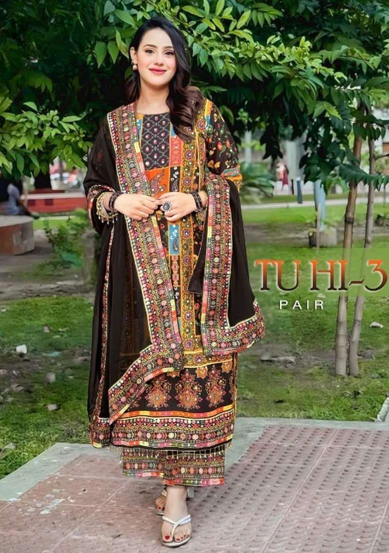 Black Printed Muslin Pakistani Suit - Indya