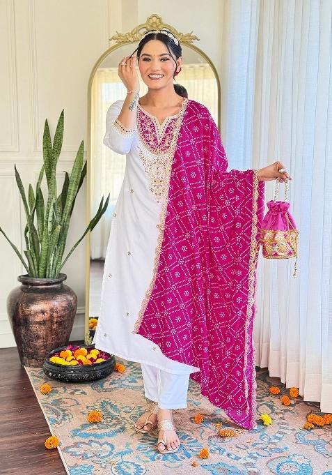 White Embroidered Roman Kurta Set