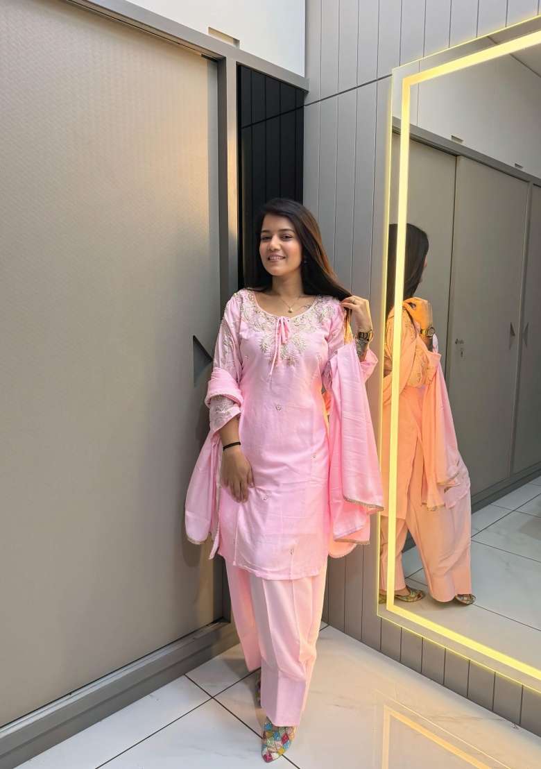 Baby Pink Beads Work Crepe Salwar Kameez - Indya