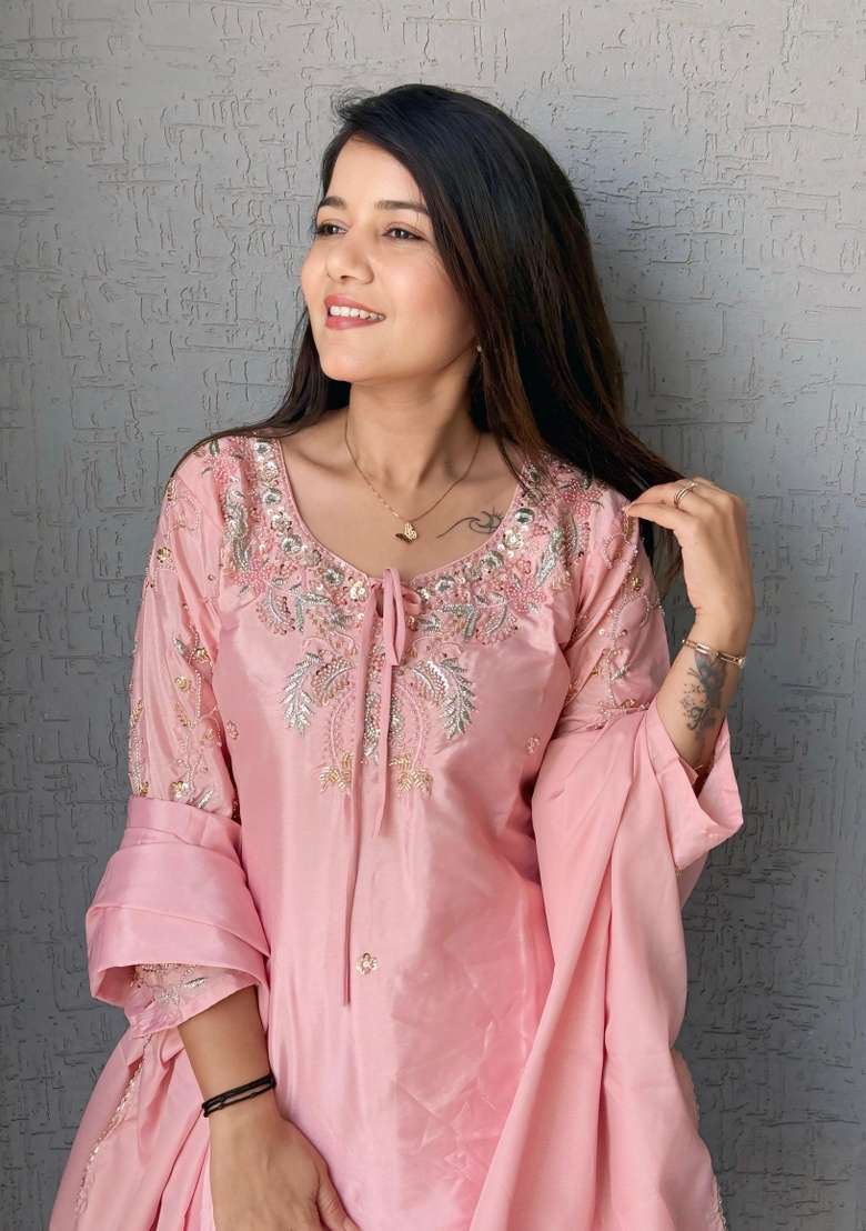 Baby Pink Beads Work Crepe Salwar Kameez - Indya