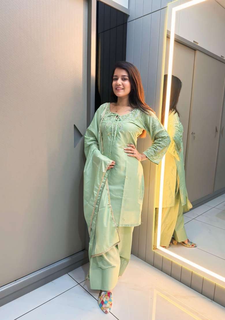 Green Beads Work Crepe Salwar Kameez - Indya