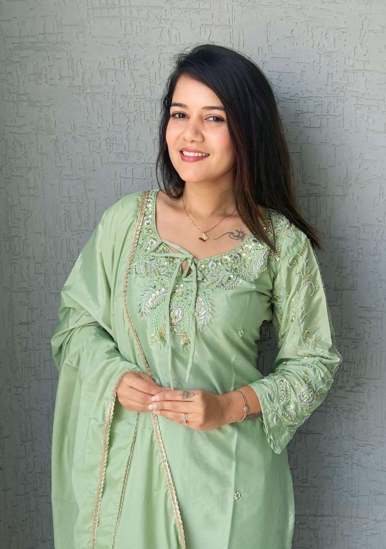 Green Beads Work Crepe Salwar Kameez - Indya