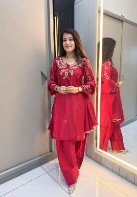 Red Beads Work Crepe Salwar Kameez