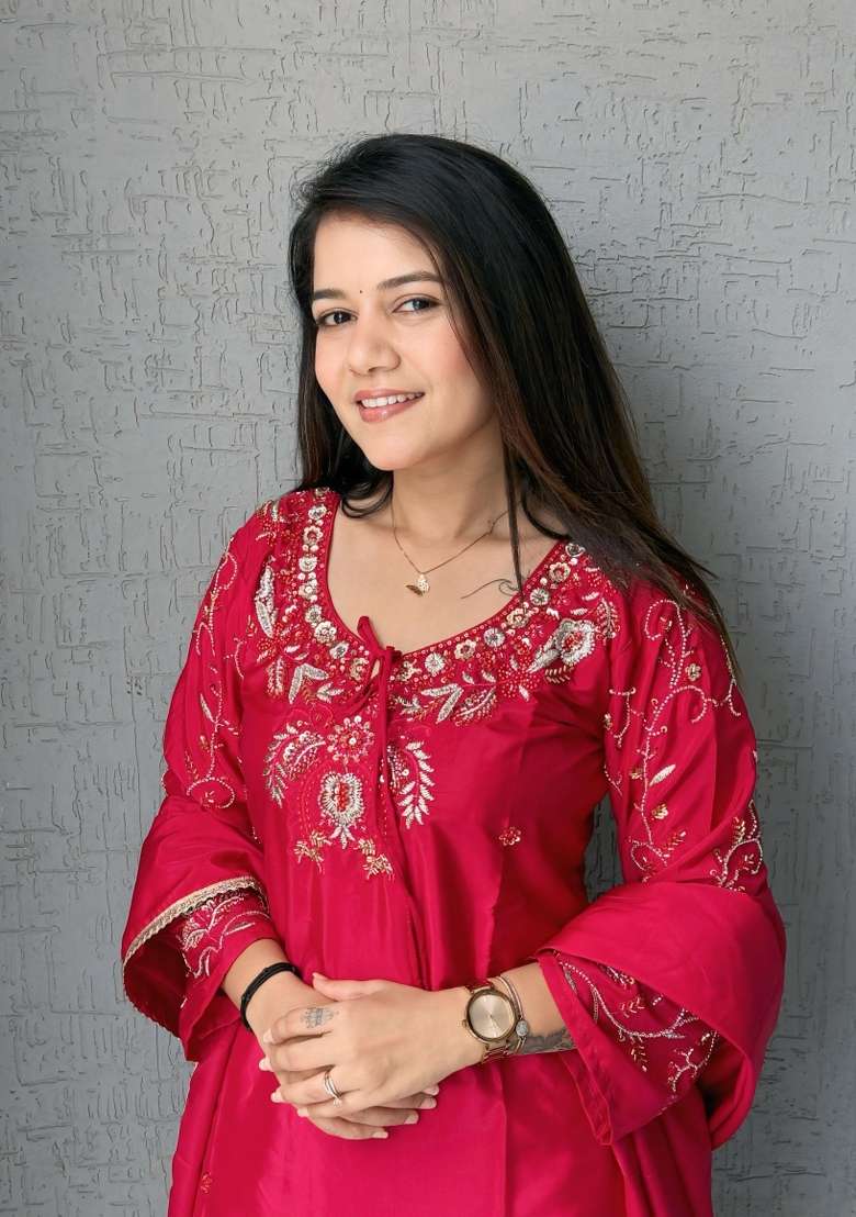 Red Beads Work Crepe Salwar Kameez - Indya