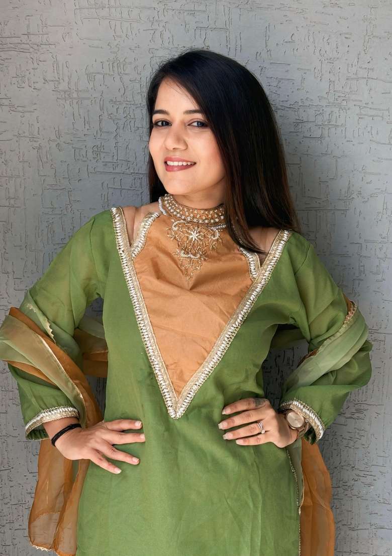 Parrot Green Embroidered Shimmer Salwar Kameez - Indya