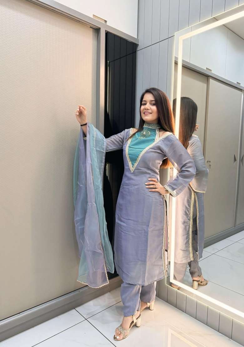 Blue Embroidered Shimmer Salwar Kameez - Indya