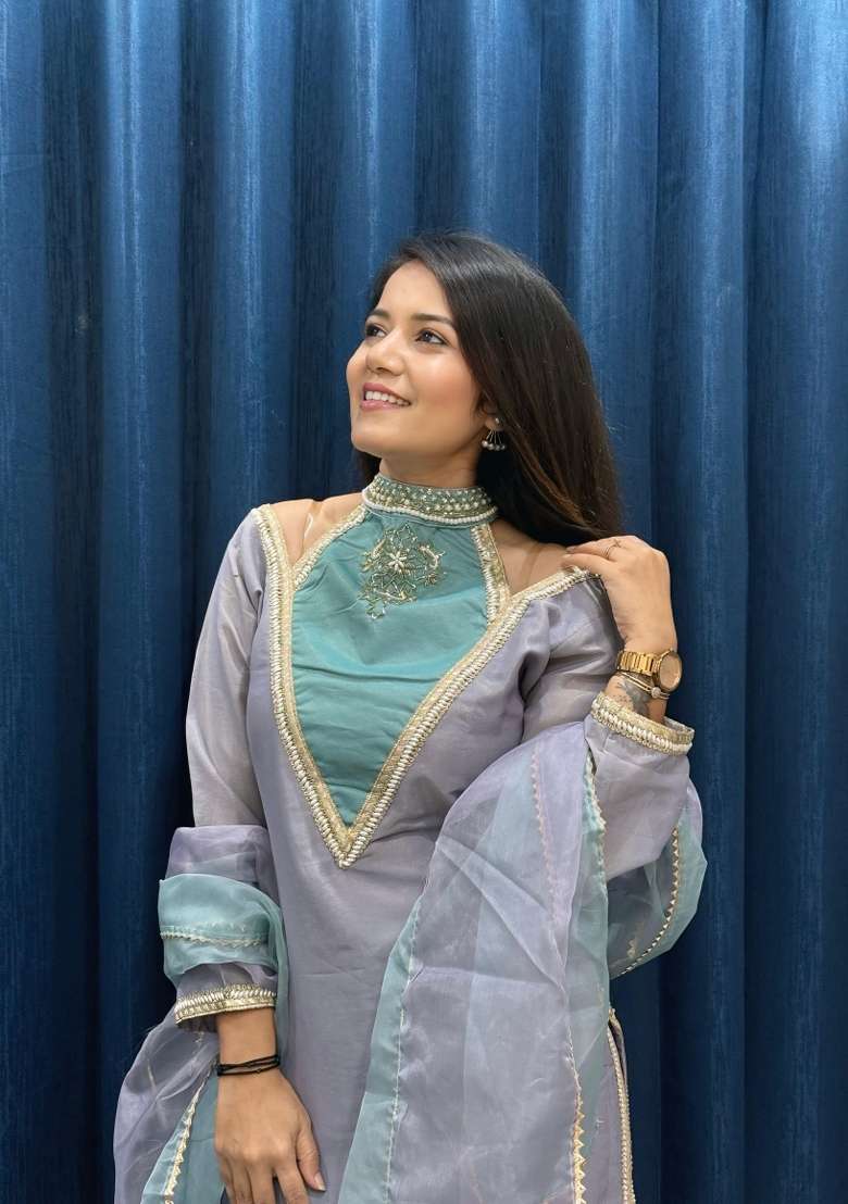 Blue Embroidered Shimmer Salwar Kameez - Indya