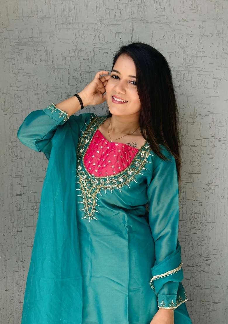 Sky Blue Moti Work Shimmer Salwar Kameez - Indya