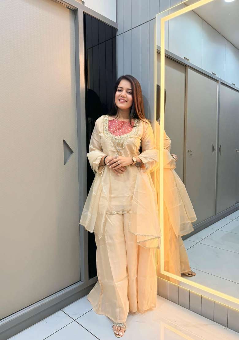 Cream Moti Work Shimmer Salwar Kameez - Indya