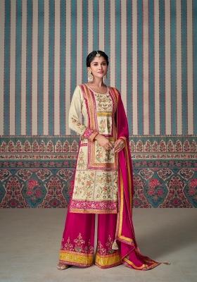 Cream Embroidered Silk Blend Salwar Kameez