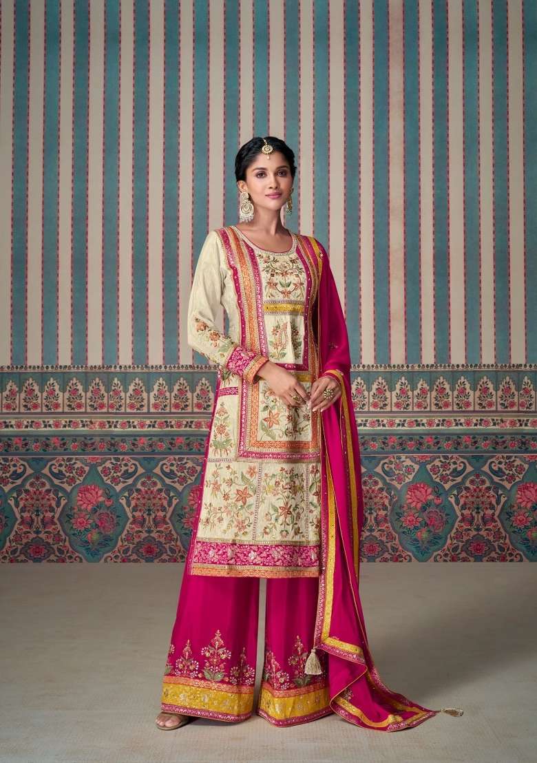 Cream Embroidered Silk Blend Salwar Kameez - Indya