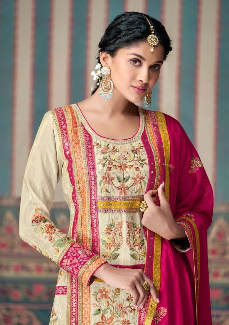 Cream Embroidered Silk Blend Salwar Kameez - Indya