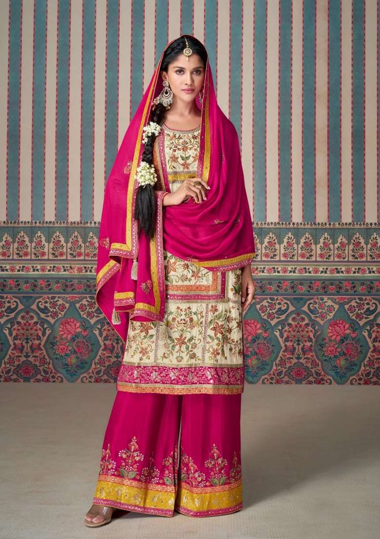 Cream Embroidered Silk Blend Salwar Kameez - Indya