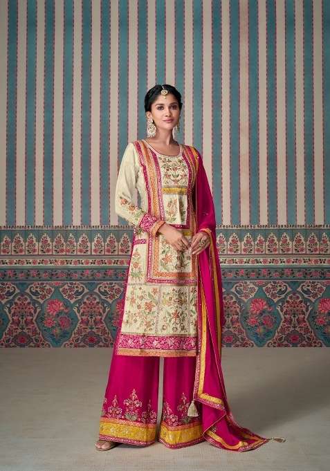 Cream Embroidered Silk Blend Salwar Kameez