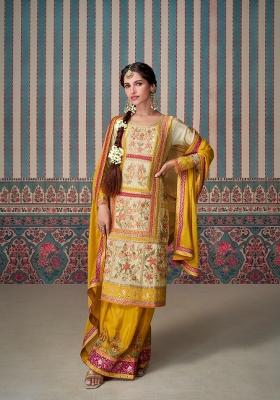 Cream Embroidered Silk Blend Salwar Kameez