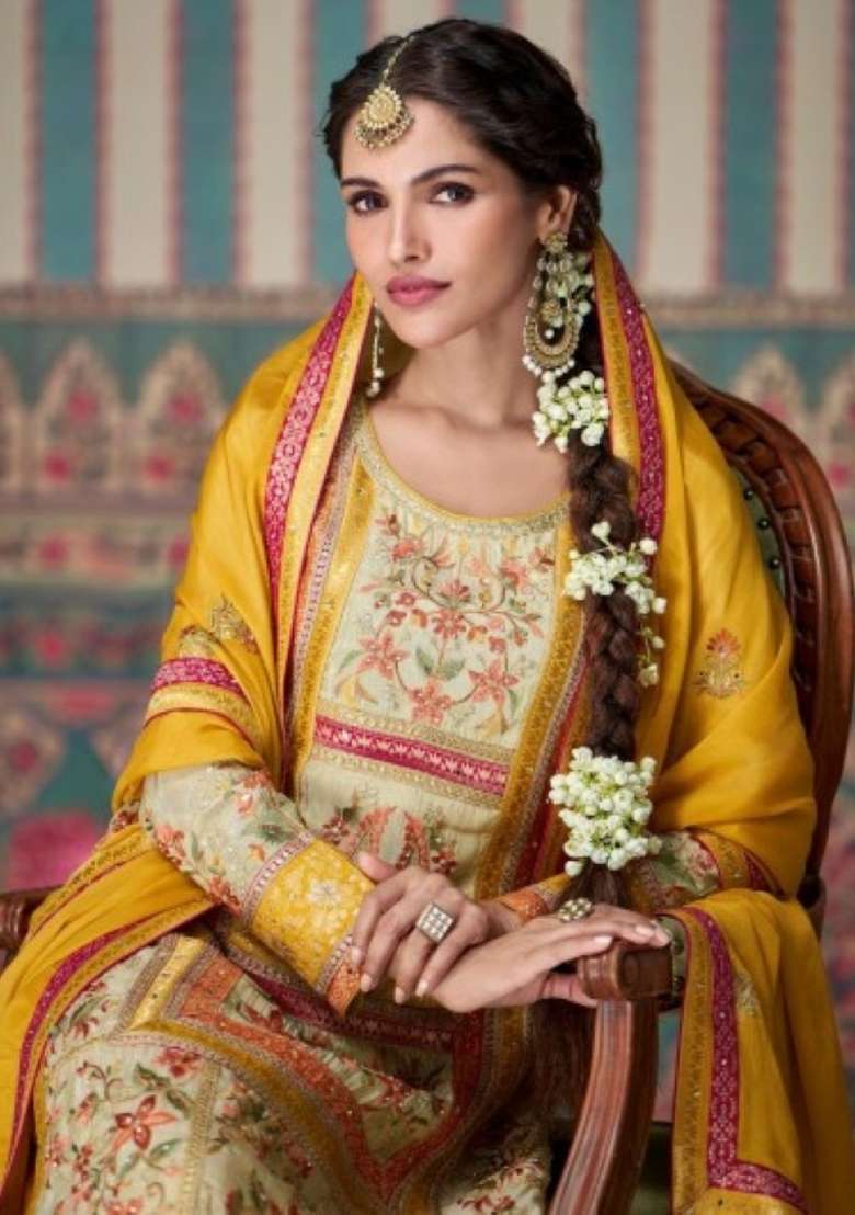 Cream Embroidered Silk Blend Salwar Kameez - Indya