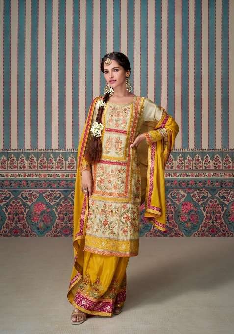 Cream Embroidered Silk Blend Salwar Kameez