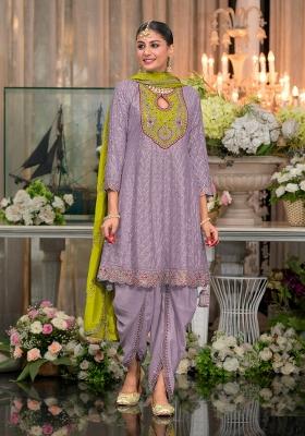 Lavender Embroidered Silk Blend Dhoti Suit