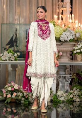White Embroidered Silk Blend Dhoti Suit