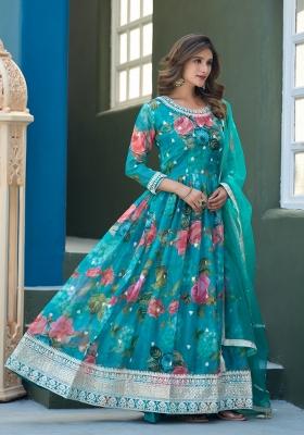Blue Embroidered Silk Kurta With Dupatta