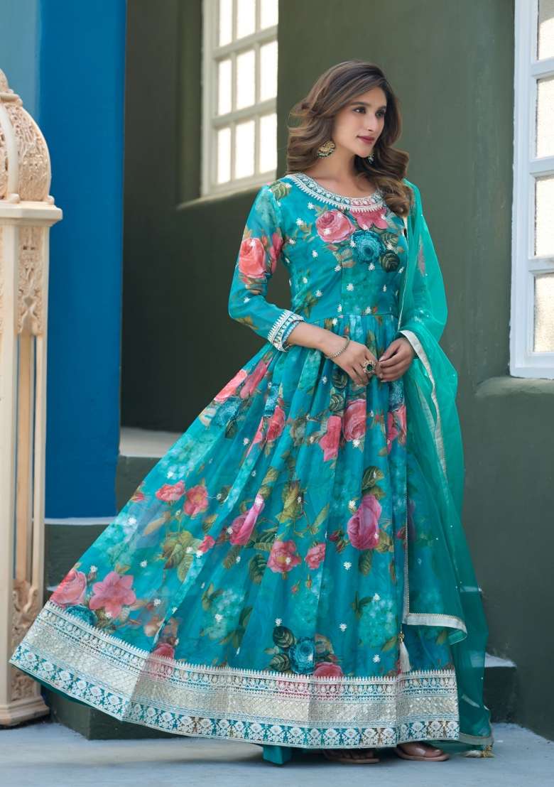 Blue Embroidered Silk Blend Kurta With Dupatta - Indya