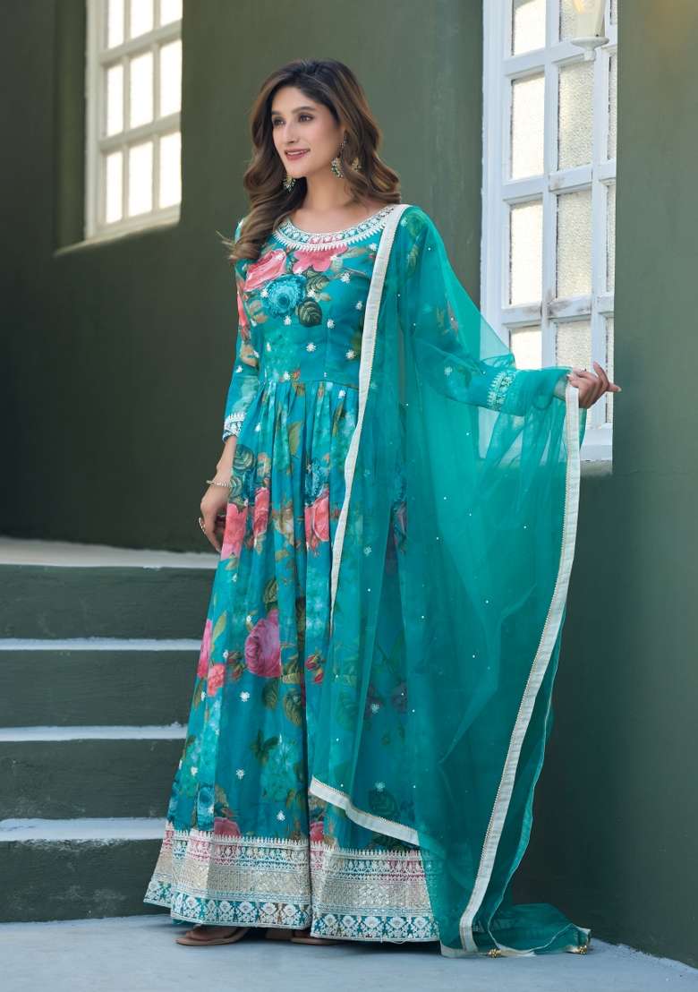 Blue Embroidered Silk Blend Kurta With Dupatta - Indya
