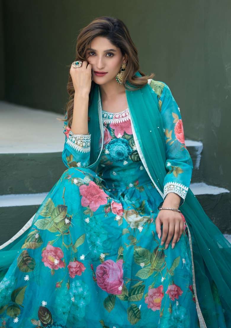 Blue Embroidered Silk Blend Kurta With Dupatta - Indya