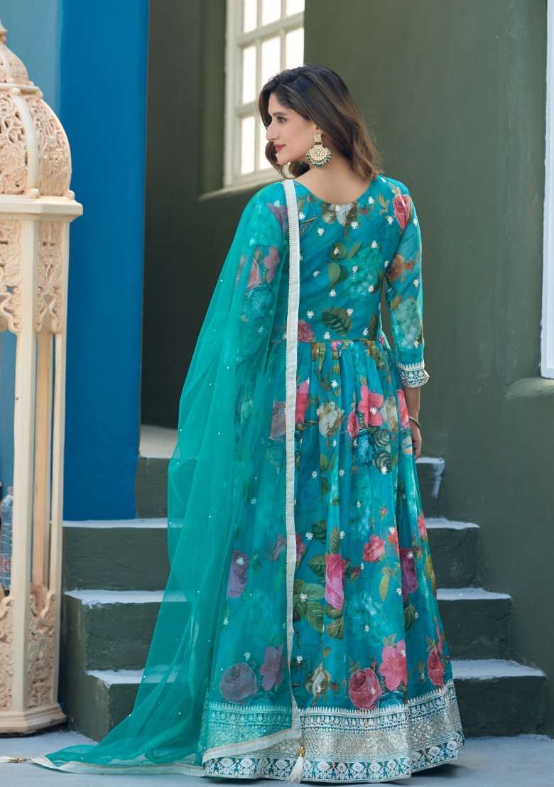 Blue Embroidered Silk Blend Kurta With Dupatta - Indya