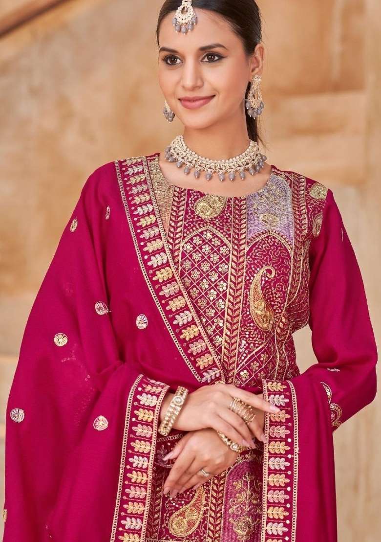 Rani Pink Embroidered Silk Blend Salwar Kameez - Indya