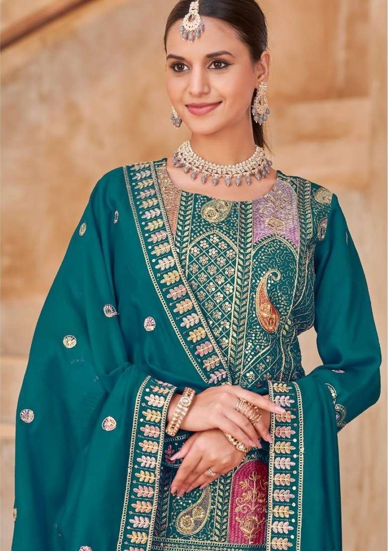 Teal Embroidered Silk Blend Salwar Kameez - Indya