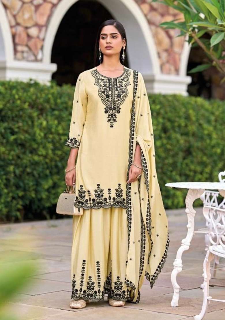 Beige Embroidered Silk Blend Salwar Kameez - Indya