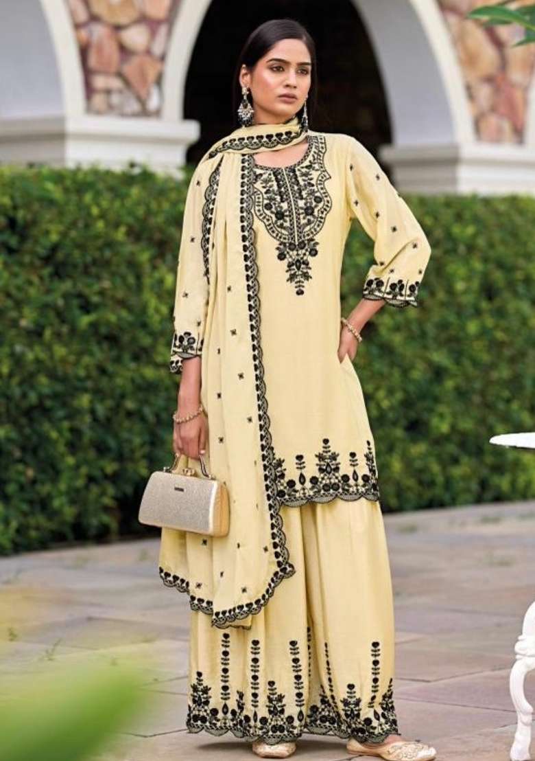 Beige Embroidered Silk Blend Salwar Kameez - Indya