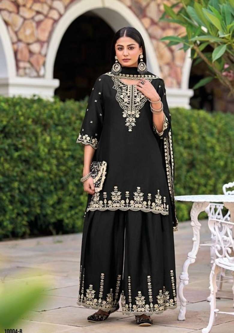 Black Embroidered Silk Blend Salwar Kameez - Indya