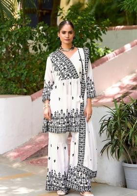 White Embroidered Silk Sharara Set