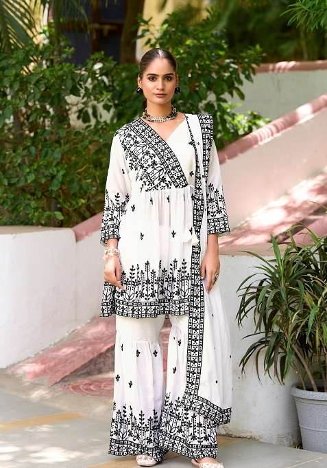 White Embroidered Silk Sharara Set