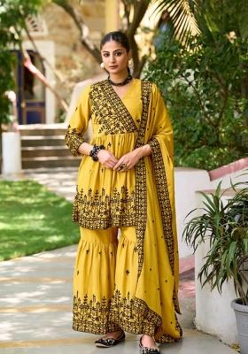 Yellow Embroidered Silk Sharara Set