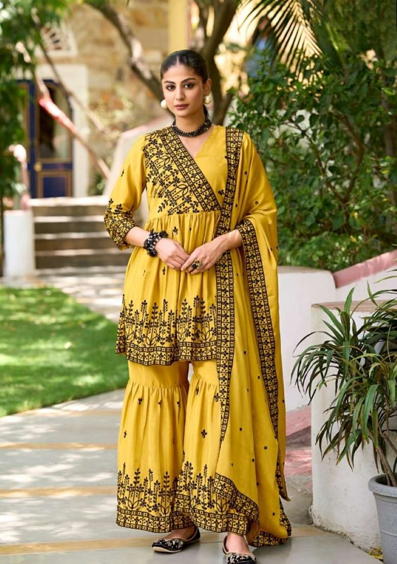 Yellow Embroidered Silk Sharara Set - Indya
