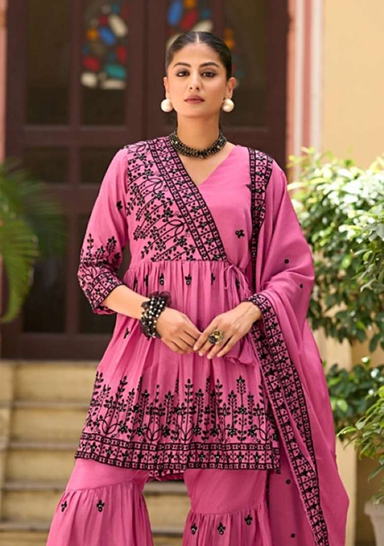 Rani Pink Embroidered Silk Sharara Set - Indya