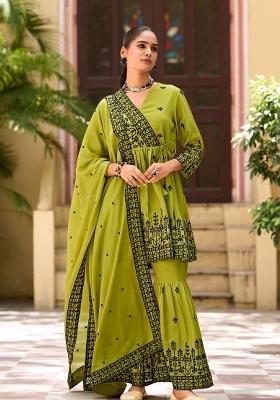 Mehendi Embroidered Silk Sharara Set
