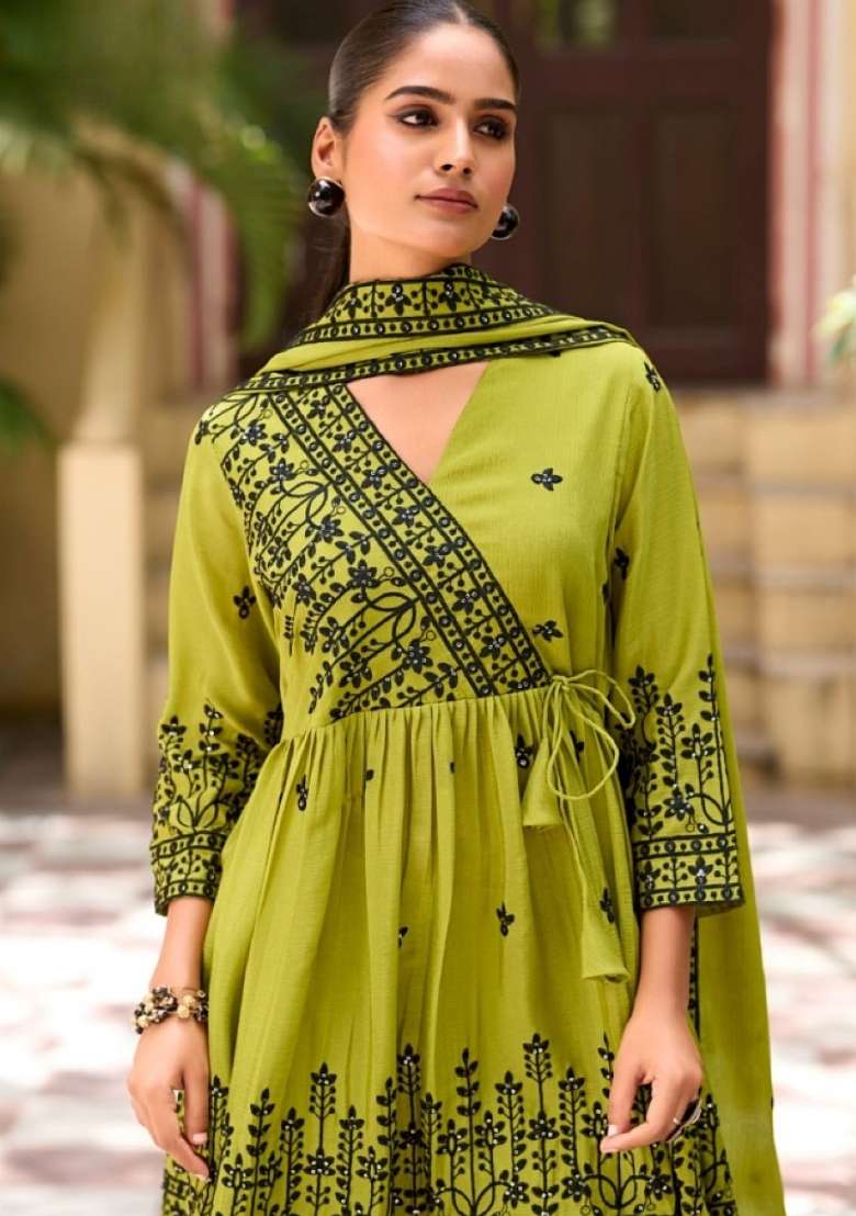 Mehendi Embroidered Silk Sharara Set - Indya
