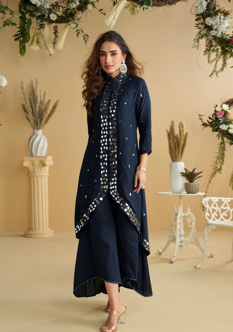 Black Mirror Work Silk Blend Salwar Kameez - Indya